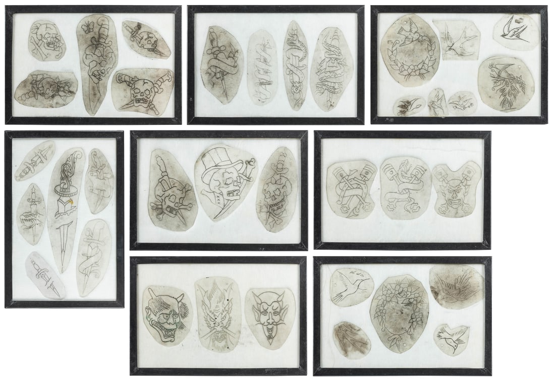 Group of 36 tattoo stencils. American, ca. 1980s-90s. 36 ac...: Group of 36 tattoo stencils. American, ca. 1980s-90s. 36 acetate stencils, various designs including daggers, birds, skulls, and more. One initialed/signed “RED.” Cut-out stencils 8 ½