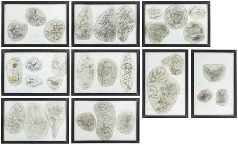 Group of 30 tattoo stencils. American, ca. 1980s-90s. 30 ac...