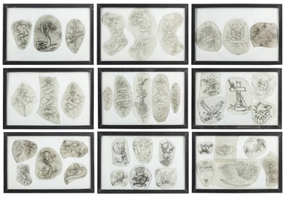 Group of 39 tattoo stencils. American, ca. 1980s-90s. 39 ac...
