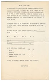 [TATTOO]. James E. Strates tattoo release form. Circa 1970s...