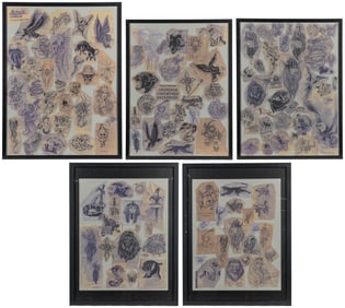 Five framed collages of tattoo transfers. American ca, 1980...