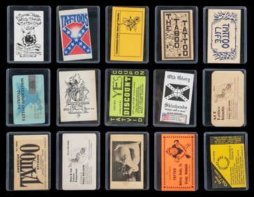 Collection of tattoo artist business cards. American, 1980s...