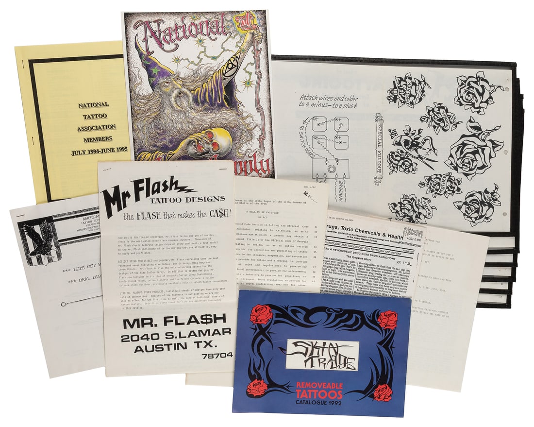 [TATTOOING]. Group of documents related to tattoo law and regulation, and other ephemera.: [TATTOOING]. Group of documents related to tattoo law and regulation, and other ephemera. American, 1990s. Including: a packet of material related to efforts to regulate tattooing in Arkansas; (2) cop