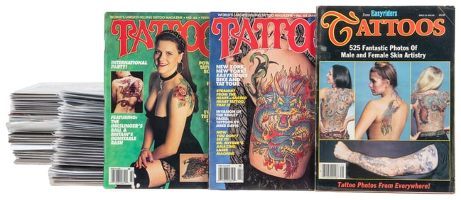 Group of over 60 tattoo and biker magazines. 1980s-90s. Gro...