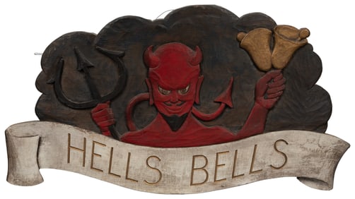 Hells Bells Wooden Sign. 20th century. Hand-carved and pain...
