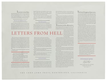 KING, Stephen (b. 1947). Broadside: “Letters from Hell” Sig...
