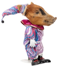 [TAXIDERMY]. Clown Pig Sideshow Gaff. Head atop a ceramic d...