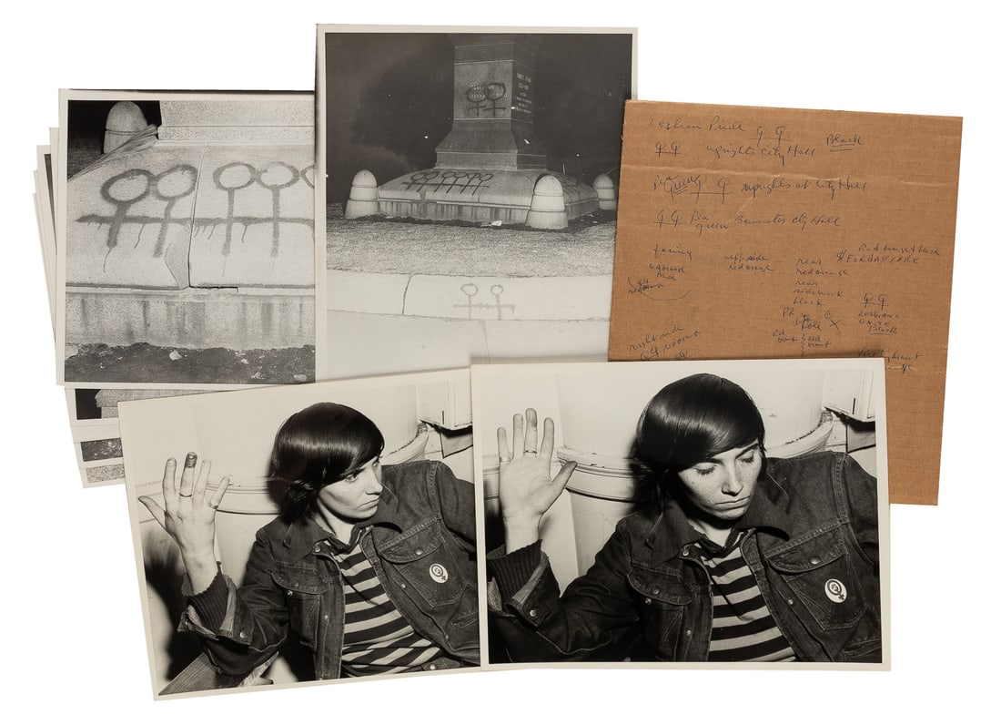 [FEMINISM & LESBIAN ACTIVISM]. Group of photographs of pro-...: [FEMINISM & LESBIAN ACTIVISM]. Group of photographs of pro-lesbian graffiti in Boston. [Boston, ca. 1970s]. 22 photographs (8 x 10”), most documenting lesbian graffiti on the Statue of Samuel Ad