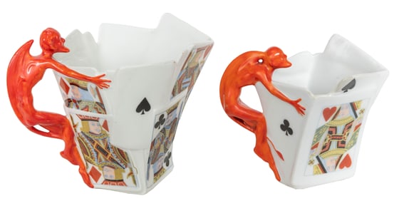 Royal Bayreuth Devil & Cards Pitchers (2). Blue marks. Very...