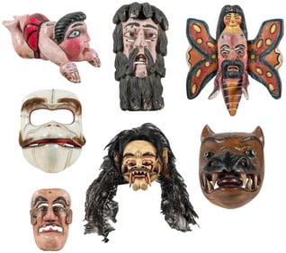 [FOLK ART]. Group of 7 Mexican Folk Art Masks and Figures. ...
