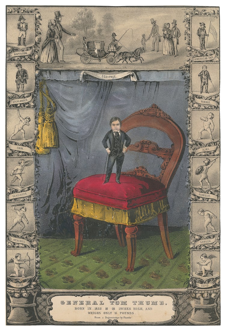[CIRCUS]. Tom Thumb (Charles Stratton, 1838-1883). General ...: [CIRCUS]. Tom Thumb (Charles Stratton, 1838-1883). General Tom Thumb Color Lithograph. Barnum’s Gallery of Wonders. New York: Nathaniel Currier, ca. 1849. Hand-colored lithograph, advertising th
