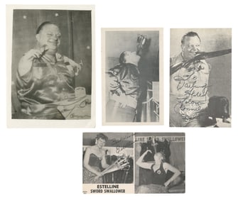 Eight postcards and pitch cards of sideshow acts, most sign...