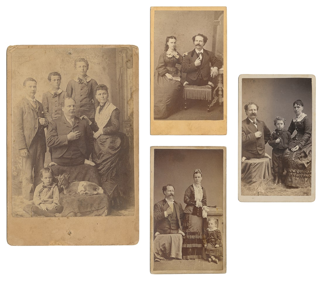 Cabinet photo and three CDVs of Eli Bowen, “The Legless Won...: Cabinet photo and three CDVs of Eli Bowen, “The Legless Wonder.” Circa 1880s-90s. Four images on cardstock mounts of Bowen and his family (and pet goat in one), two signed in graphite on r