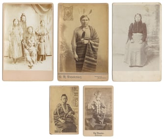 [NATIVE AMERICAN]. Group of 3 cabinet cards and 2 CDVs. Cir...
