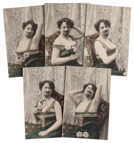 [BEARDED LADY]. Five postcards. French, ca. 1900. Series of...
