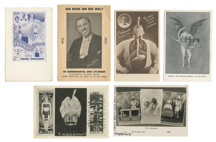 [CIRCUS & SIDESHOW]. Nine postcards of magicians, sword swa...