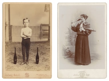 [JUGGLERS]. Two cabinet photos. Circa 1880s. Cabinet card p...