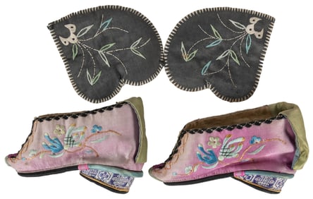 Chinese Silk Embroidered Foot Binding Lotus Shoes and Ear M...