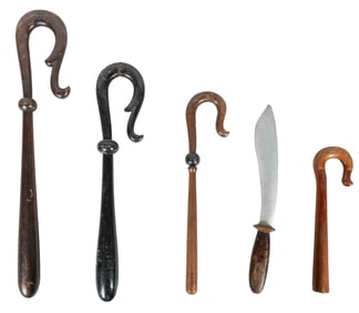 Four Odd Fellows Carved Crooks and a Carved Knife. (I.O.O.F...