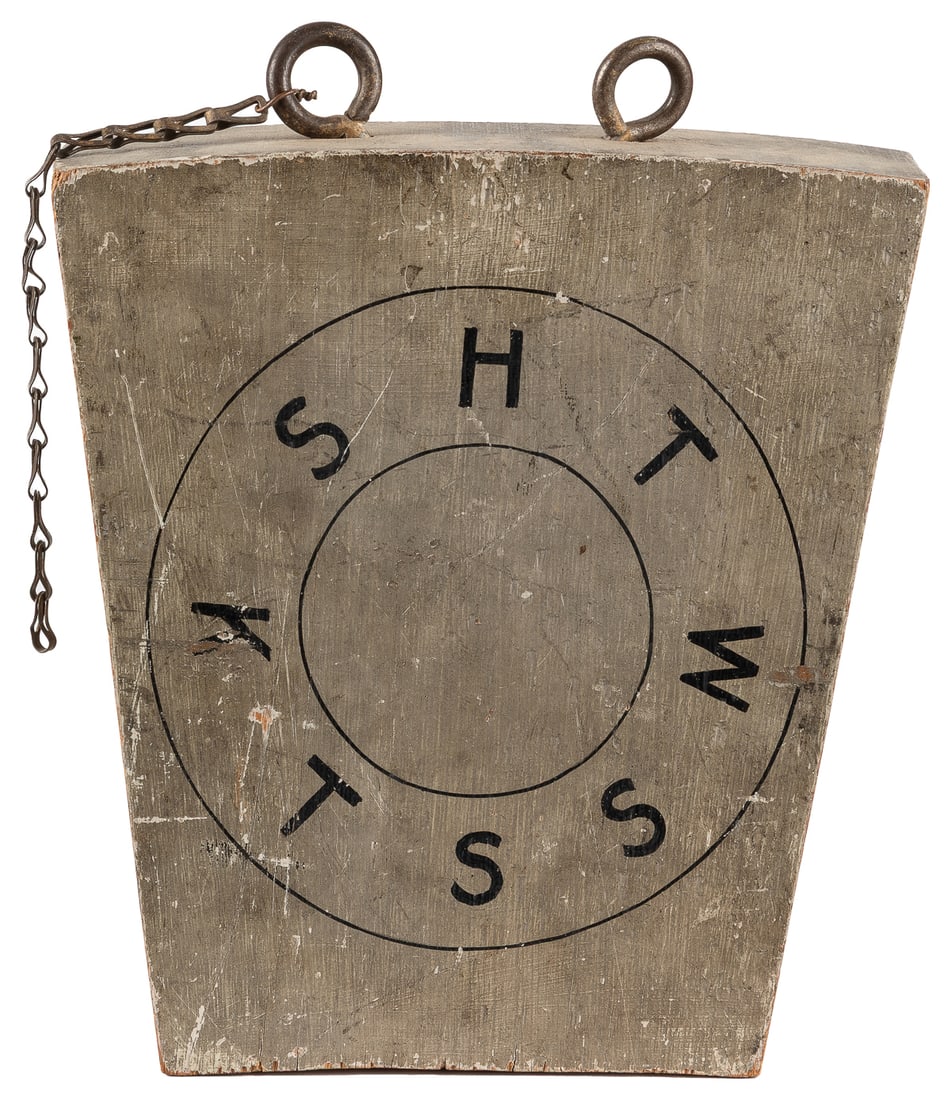 Masonic Keystone. Circa 1890s. Solid painted wood with meta...: Masonic Keystone. Circa 1890s. Solid painted wood with metal hooks at top and chain. Keystone symbolizes unity, strength, and the interconnectedness of all things within the Masonic structure. Wear an