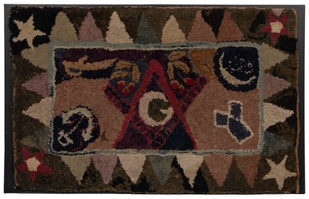 [FOLK ART]. Masonic Hooked Rug. Circa 1900. Mounted to two ...