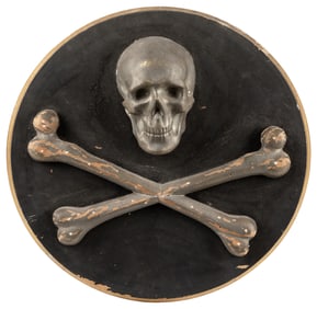 Odd Fellows Carved Skull and Crossbones Round Plaque. (I.O....