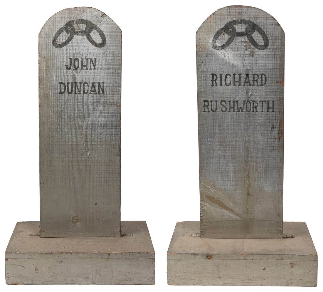Pair of Odd Fellows Tombstones. (I.O.O.F.). Circa 1890s. Wo...: Pair of Odd Fellows Tombstones. (I.O.O.F.). Circa 1890s. Wood and paint. Both with three-link chains. One with “John Duncan” the other with “Richard Rushworth”. Generally with