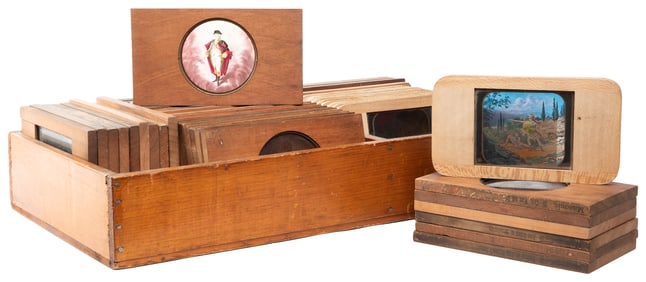 Collection of 54 Magic Lantern Fraternal Glass Slides. Hand...