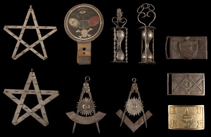 Ten Fraternal Jewels, Buckles, and Car Emblem. Circa 1920s....
