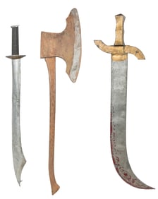 Two Tin Swords and a Wooden Axe, Three. Circa 1890-1900. Ge...