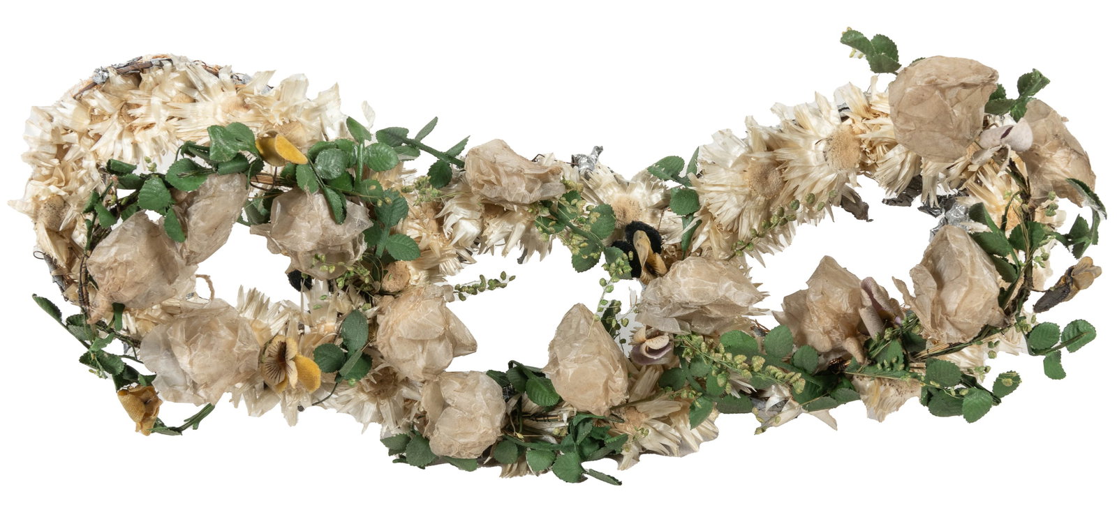 Faux Flower Casket Wreath. (I.O.O.F.). 1940s. Mixed media. ...: Faux Flower Casket Wreath. (I.O.O.F.). 1940s. Mixed media. Surface dirt. All elements wrinkled and faded with general look intact. Good condition. 7 h x 15 w x 4” d.