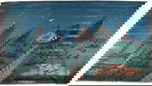 Graveyard Backdrop Prop. Oil on unstretched canvas. Early 2...