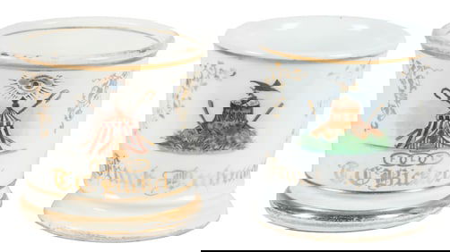 Two Fraternal Shaving Mugs. (I.O.O.F. and W.O.W.). Circa 19...