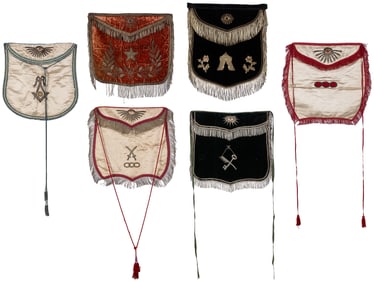 Six Fraternal Aprons. Circa 1890s. Hand painted silk, velve...