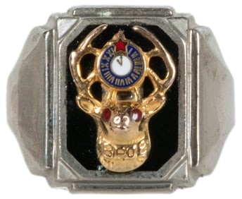 Elks Lodge Ring. 20th century. Ring marked Sterling. Red st...