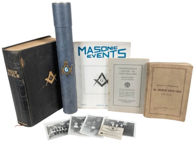 Group of Fraternal Objects. (7 Pieces). 1932 Masonic Bible,...