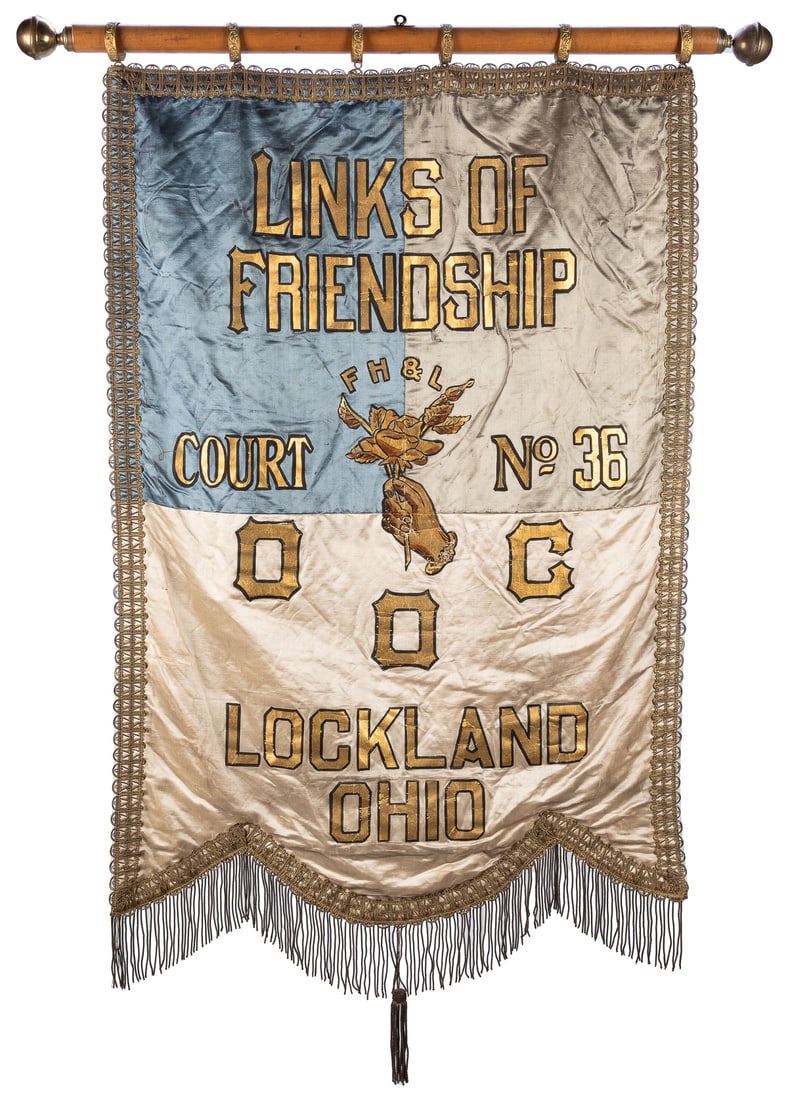 Order of Calanthe Banner. (O.O.C.). Circa 1890s. Hand paint...: Order of Calanthe Banner. (O.O.C.). Circa 1890s. Hand painted silk with metallic trim and fringe on a metal and wood hanging rod. Inscribed “Links of Friendship /F H & L / Court No. 36 / OOC / L