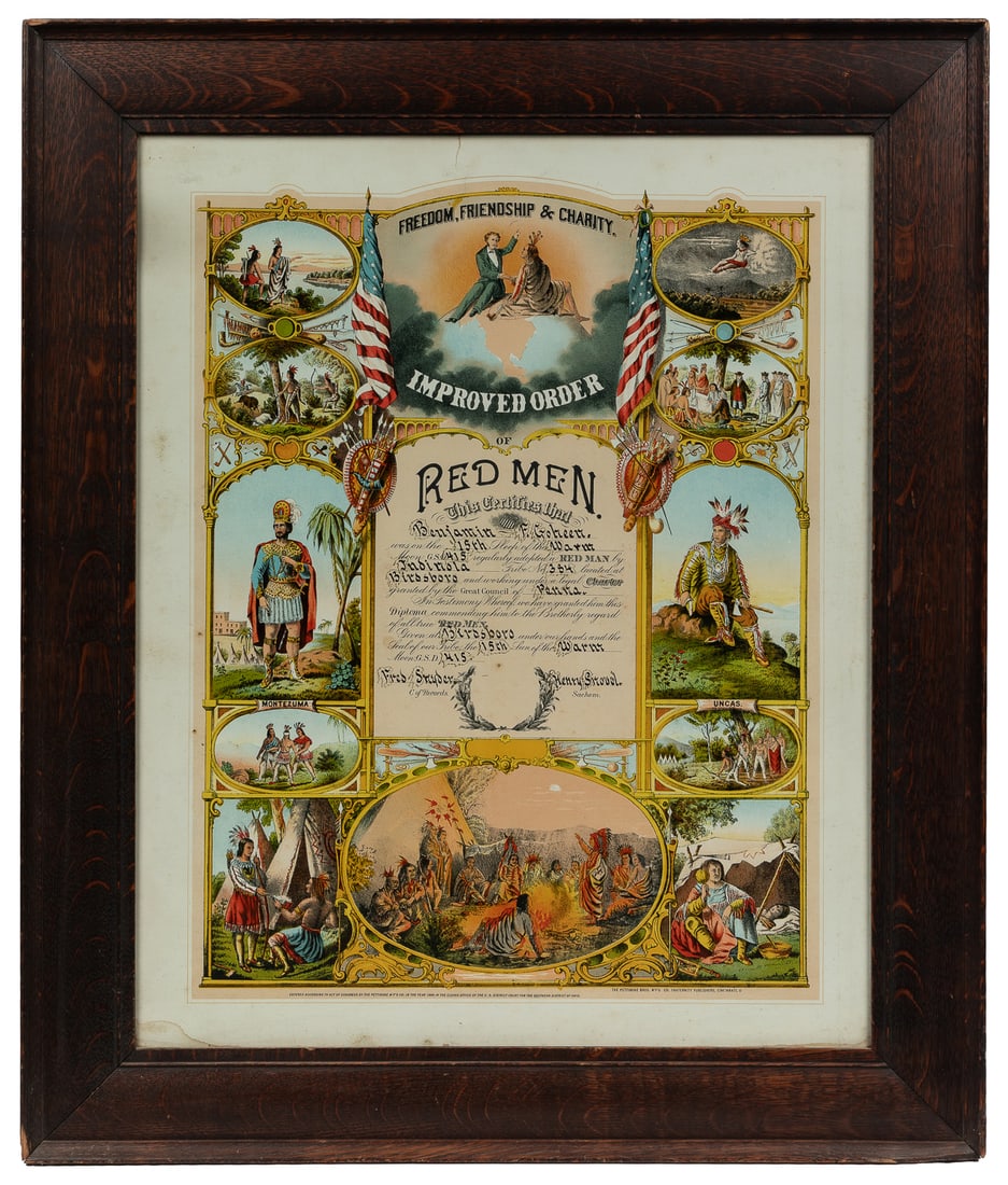 Certificate. (Improved Order of Red Men). Circa 1886. Chrom...: Certificate. (Improved Order of Red Men). Circa 1886. Chromolithograph on paper. Certificate for Benjamin F. Goheen to be “adopted” into the Red Man, Indianola Tribe, Birdsboro, Pennsylvan