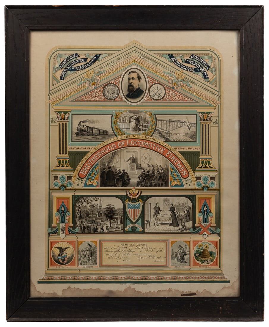 Brotherhood of Locomotive Firemen Certificate. 1895. Chromo...: Brotherhood of Locomotive Firemen Certificate. 1895. Chromolithograph on paper. London: Alex Gow & Co. Designers & Printers. Inscribed with William F. Eberwein’s membership information. Paper to
