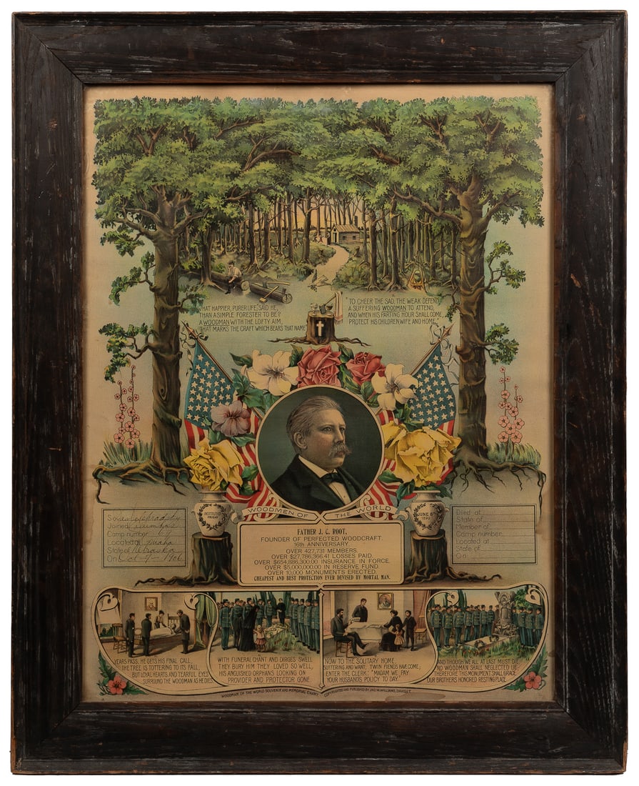 Woodmen of the World Souvenir and Memorial Chart. (W.O.W.) ...: Woodmen of the World Souvenir and Memorial Chart. (W.O.W.) Circa 1906. Chromolithograph on paper. Inscribed in cursive on the left with a member’s name and joining information. Memorial section 