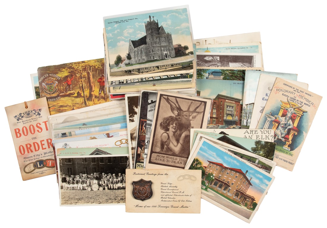 Collection of 74 Fraternal Postcards. 1900-1950. A variety ...: Collection of 74 Fraternal Postcards. 1900-1950. A variety of postcards from Modern Woodmen of America, the Masons, Knights Templar, Elks, Odd Fellows, and others. Some are blank and some have corresp