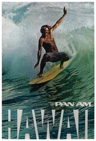 Hawaii / Pan Am. Circa 1970s. Photographic poster of a surf...