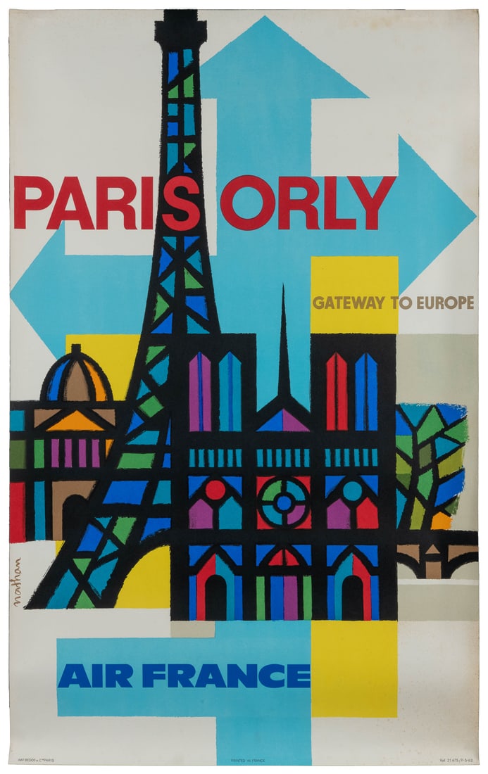 NATHAN-GARAMOND, Jacques (1910 – 2001). Air France / Paris ...: NATHAN-GARAMOND, Jacques (1910 – 2001). Air France / Paris Orly. 1962. Paris: Bedos & Cie. Mid-century airline poster promoting the Paris airport as the “gateway to Europe.” English