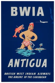 BWIA / Antigua. Circa 1950s. Silkscreen travel poster depic...
