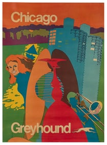Chicago / Greyhound. Circa 1960s. Bus travel poster with a ...