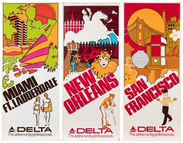 Delta Airlines. Group of 3 placards. Circa 1970s. Double-si...