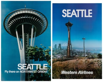 Seattle. Two vintage airline posters. Circa 1970s-80s. Colo...