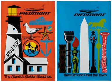 Pair of Piedmont airline poster. Circa 1970s. Color offset ...