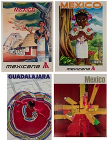 Mexico. Four vintage airline posters. Circa 1970s. Color of...