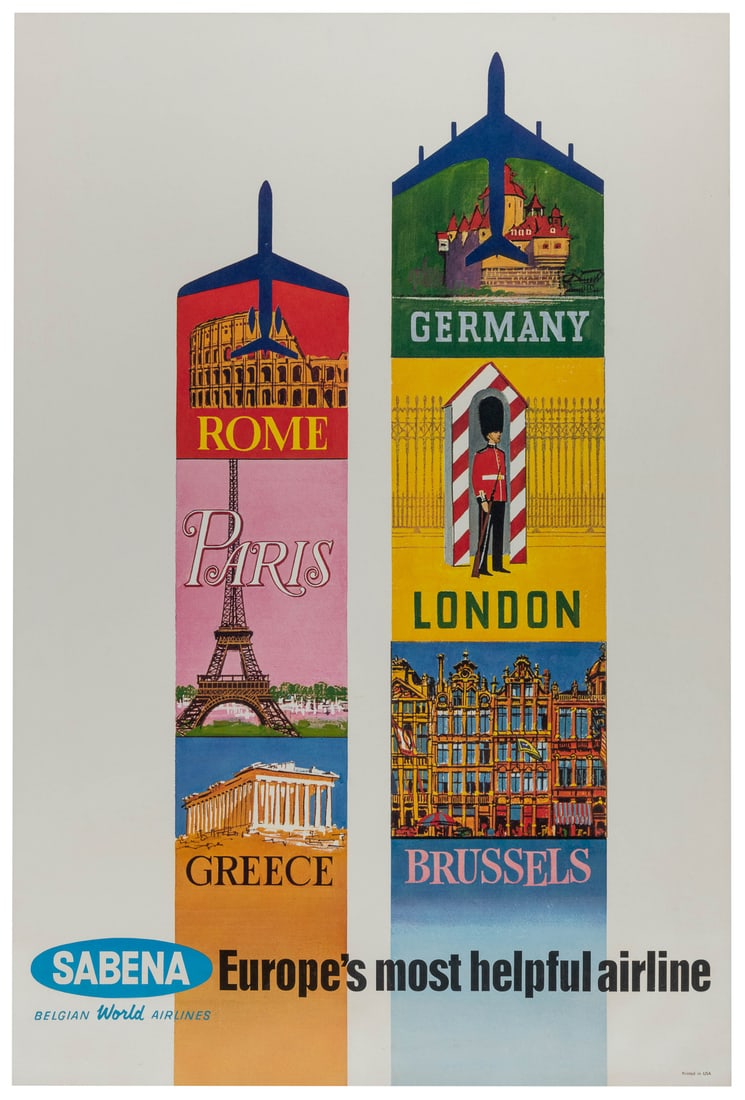 Sabena / World’s Most Helpful Airline. Circa 1960s. Illustr...: Sabena / World’s Most Helpful Airline. Circa 1960s. Illustrations of travel destinations across Europe fill the contrails of two jet silhouettes. Linen backed. A/A-. 36 ¾ x 24 ½”